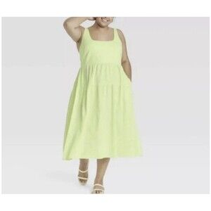 Ava & Viv Plus Size Sleeveless Tie Back Tiered Dress Pockets Green 3XL  Smocked
